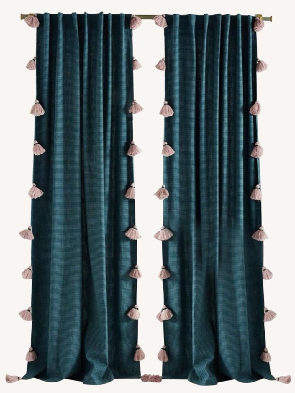 Anthropologie Mindra Green Striped Curtains w Pink Tassels 60” L Set Of 2 Panels